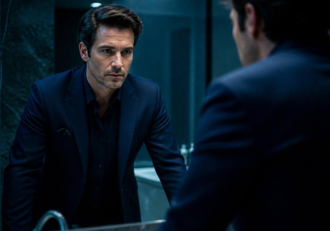 Homem confiante diante do espelho